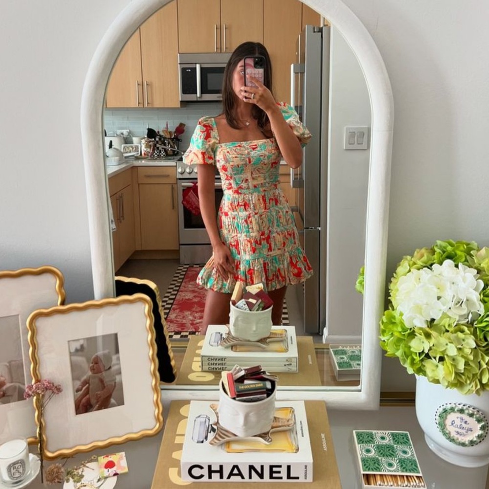 AMUR Orange and Green Puff Sleeve Mini Dress